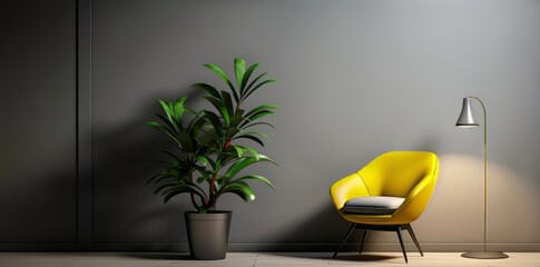 plant and a chair are in front of a gray wall.