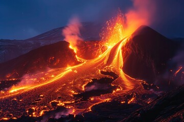 Volcanic chaos: molten lava spews from the crater, creating a striking image of Earth's dynamic forces