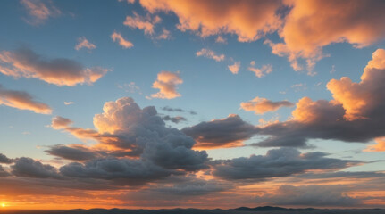 Obraz premium Horizontal background. Sky with clouds at sunset. AI generative.
