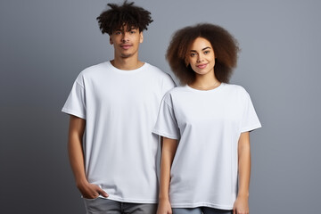 Young African american couple in white t-shirt on gray background for mockup