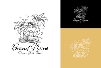 A beauty mermaid is sitting on the beach, and two palm trees are growing near her, illustration set logo.
