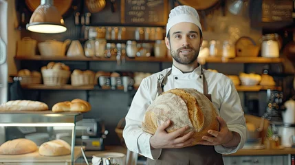 Fotobehang Baker or chef holding fresh made bread © ISK PRODUCTION
