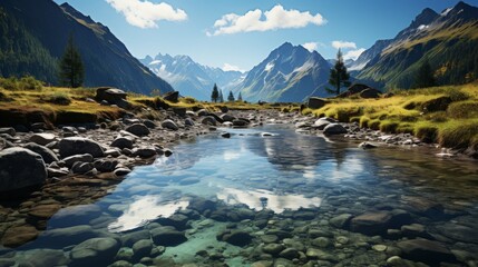 A crystal-clear mountain river winding through a lush valley, the water sparkling under the sunlight