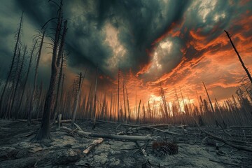 Uncontrollable forest fires ravage the landscape, leaving charred trees and an apocalyptic sky, Photo --ar 3:2 --stylize 50 --v 6 Job ID: 428d436e-417c-4c0c-944f-97b6e5e80033