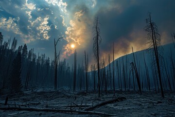 Uncontrollable forest fires ravage the landscape, leaving charred trees and an apocalyptic sky, Photo --ar 3:2 --stylize 50 --v 6 Job ID: 212458e1-a438-4f6f-9fea-616679abcb5b