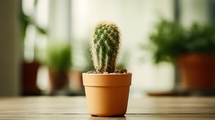 A small cactus sits nestled in a pot, adding a touch of desert charm to a wooden table, perfect for adding greenery to any indoor space or garden area.