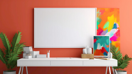 A minimalistic office setup with a blank white empty frame, showcasing a vibrant, abstract digital collage.
