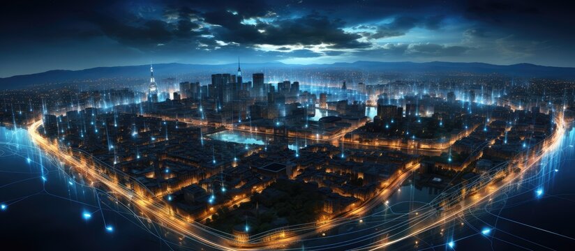 Concept of wireless network and connection technology with city background at night