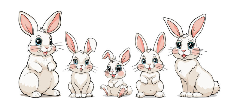 Family of cute Easter bunnies set, flat cartoon illustration, vector line drawing, farm animal, petting zoo. Clipart isolated on white background.