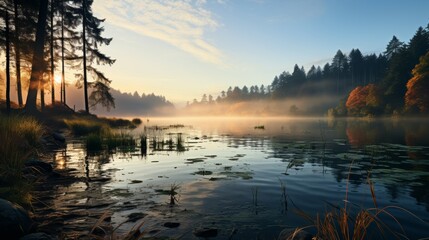 A misty morning by a forest lake, the mist hovering over the calm water, the silhouettes of trees em