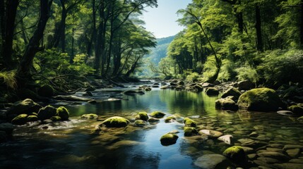 Naklejka na ściany i meble A serene river in a mountain forest, the gentle flow reflecting the surrounding trees and sky, the t