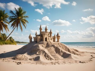 Sandcastle on a tropical beach with palm trees