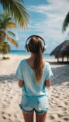 Young woman wearing headphones by the beach