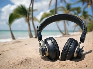 Fototapeta na wymiar Headphones on a sandy beach
