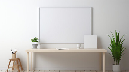 A minimalistic office setup with a blank white empty frame, showcasing a vibrant, abstract digital drawing.