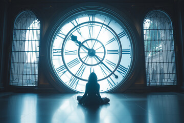 A woman sits in front of a giant clock and meditates.