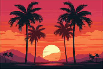 Palm trees silhouettes on tropical summer beach, Sunset on the beach - obrazy, fototapety, plakaty