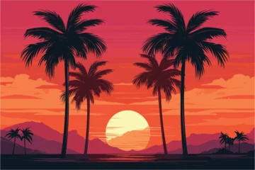 Fotobehang Palm trees silhouettes on tropical summer beach, Sunset on the beach © Creative_Design