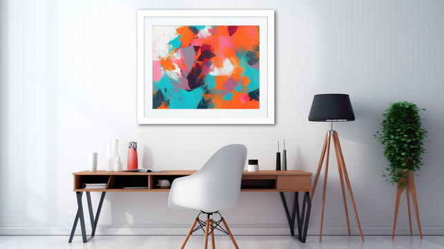 A minimalistic office setup with a blank white empty frame, showcasing a vibrant, abstract digital painting.