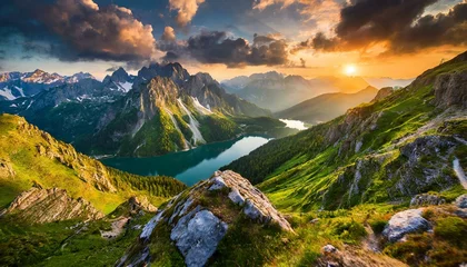 Zelfklevend Fotobehang beatiful mountain landscape with lakes, sunset and epic nature © creativemariolorek