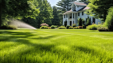 Automatic sprinkler system evenly waters the lush green lawn, ensuring it stays healthy and vibrant under the warm sun, a convenient solution for garden maintenance. - obrazy, fototapety, plakaty