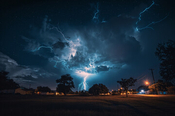 Lightning strikes the ground from thunderclouds - obrazy, fototapety, plakaty