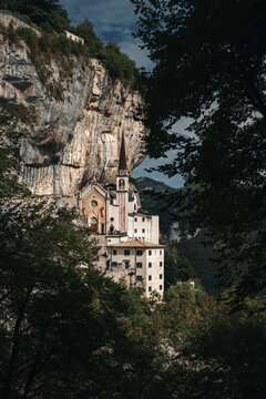 The famous pilgrimage church Madonna della Corona sits at 774 m above the Adige Valley. The church was built at this dizzying height directly into the cliff face.