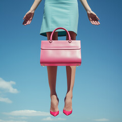 legs with handbag in the sky.Minimal creative fashion and business concept.Trendy social mockup or wallpaper with copy space.Top view.Generative AI