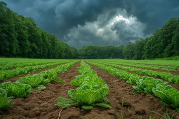 Zelfklevend Fotobehang Storm clouds over field of brussels sprout © Dzmitry