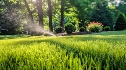 Obraz premium Automatic sprinkler system evenly waters the lush green lawn, ensuring it stays healthy and vibrant under the warm sun, a convenient solution for garden maintenance.