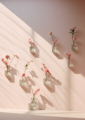 Group of pink flowers in a vase on the wall.Minimal creative nature and interior concept.Copy space,top view,flat lay.Generative AI