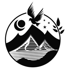 Mountain Vector Logo with bird, star, moon, leaf. Nature Logo.