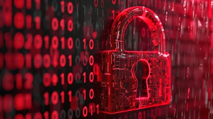 Red digital binary cyber security data breach lock compromising customer trust and loyalty - obrazy, fototapety, plakaty