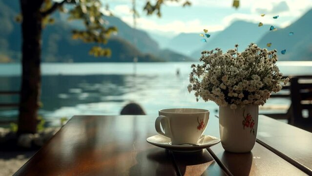 Ocup of coffee on a floral table, butterflies fluttering. with a mountain view, Seamless looping time-lapse 4k animation video background Generated AI

