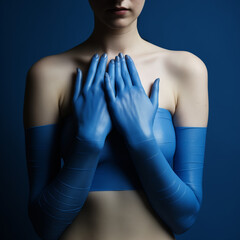A naked woman covered in blue rubber thin fabric on her arms and chest.Materials of the future, aligned with environmental preservation. Minimal eco-friendly fashion concept.Copy space,top view.