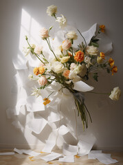 A bouquet of flowers and torn book pages flying around.Minimal creative nature and educational concept.Top view,copy space