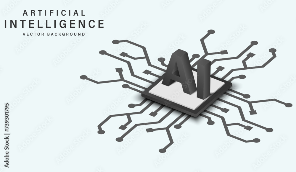 Poster Isometric artificial intelligence in science and business. Technology concept design, Machine learning and generate by chip, Vector illustration for banner and web template. black and white color.