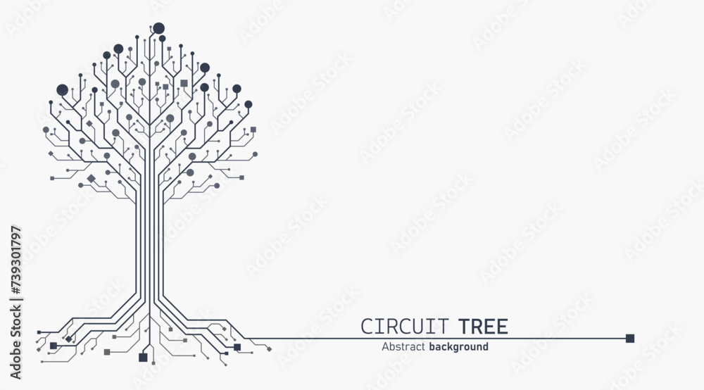 Poster Circuit board tree. Digital circuit board internet connection concept. Soft color texture. Computer motherboard system. Vector illustration dots, lines and square social network and connecting.