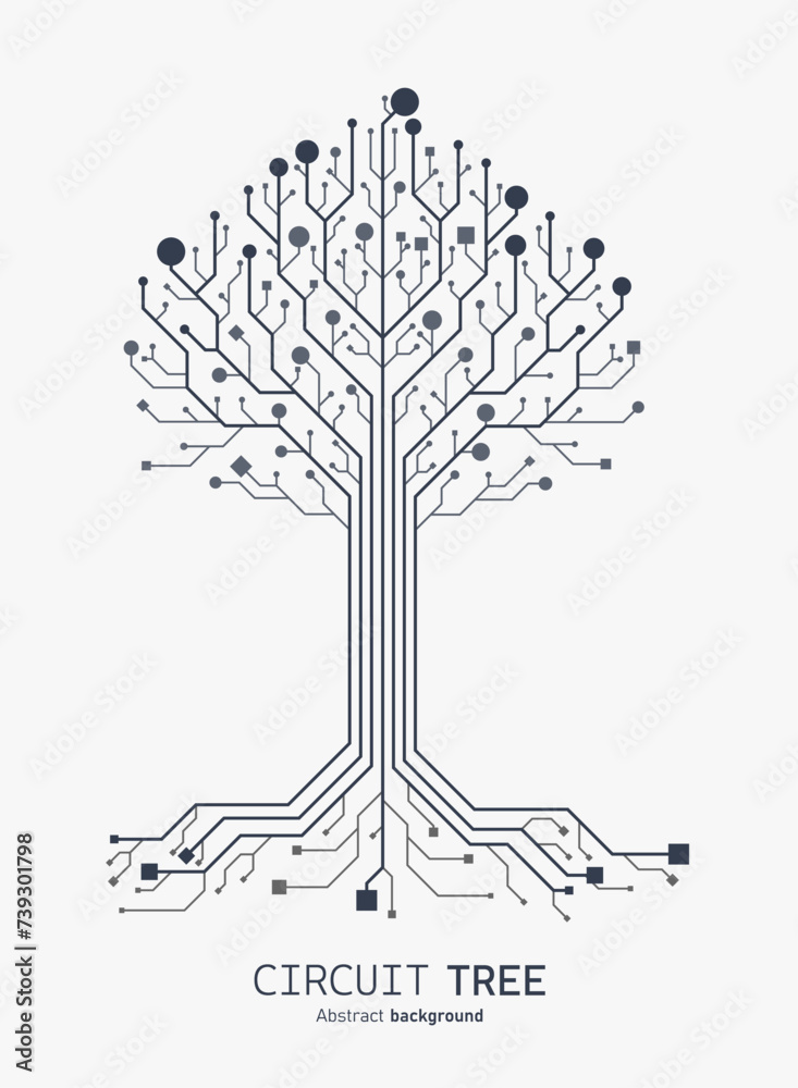 Aufkleber Circuit board tree. Digital circuit board internet connection concept. Soft color texture. Computer motherboard system. Vector illustration dots, lines and square social network and connecting.