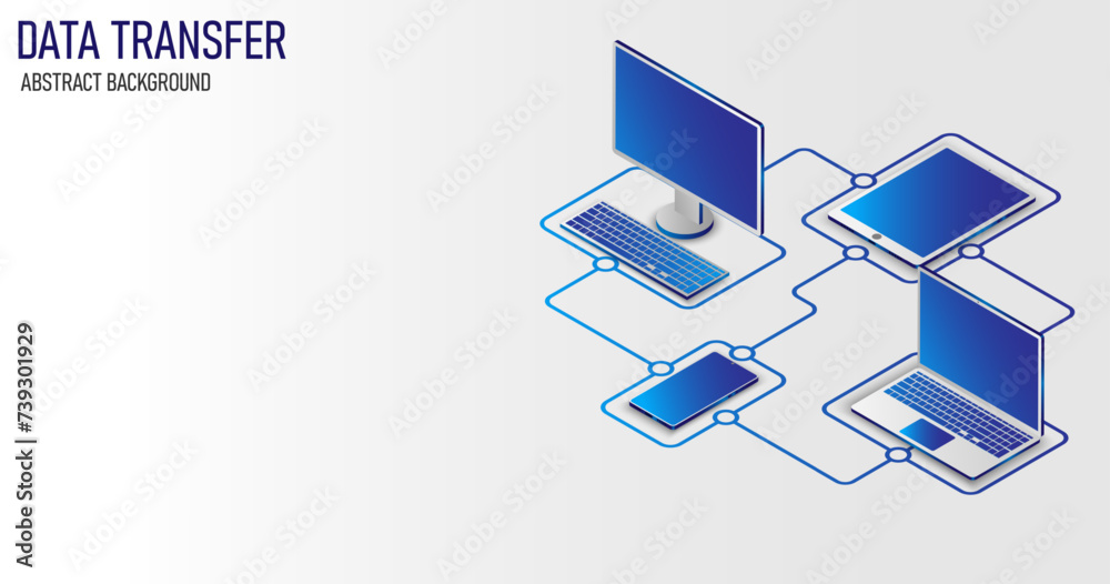 Poster data transfer isometric concept, digital data migration between computer, smartphone, laptop, and ta