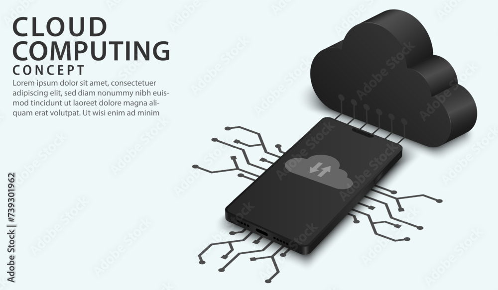 Aufkleber Isometric smartphone cloud technology and networking concept. Digital service or app with data transferring. Network datum servers, hosting server, database synchronize technology. Vector illustration