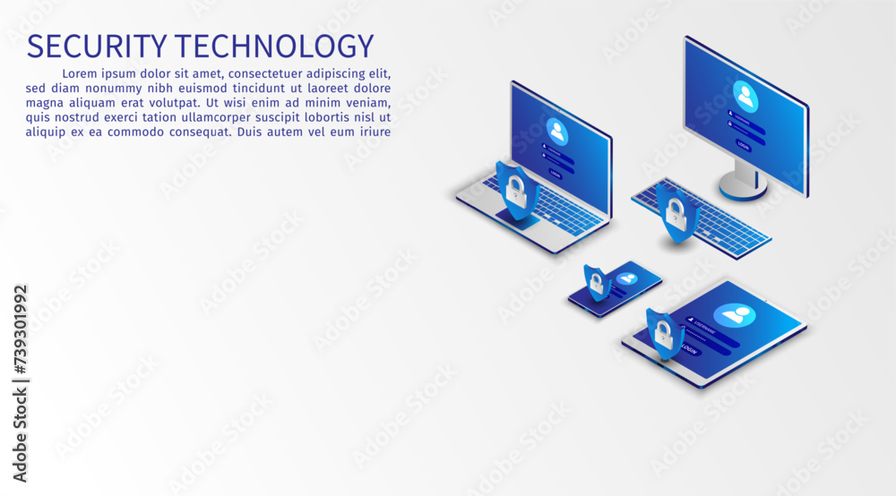 Poster Isometric network security information transfer background. Data security modern concept. A transparent shield of the computer, phone, and laptop from virus attacks and hackers. vector illustration.