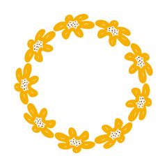 Floral Spring minimalist Wreath with copy space. Hand drawn frame with Yellow flowers. Flat summer decoration elements for invitation cards posters