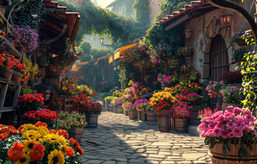 An ancient old town filled with flowers