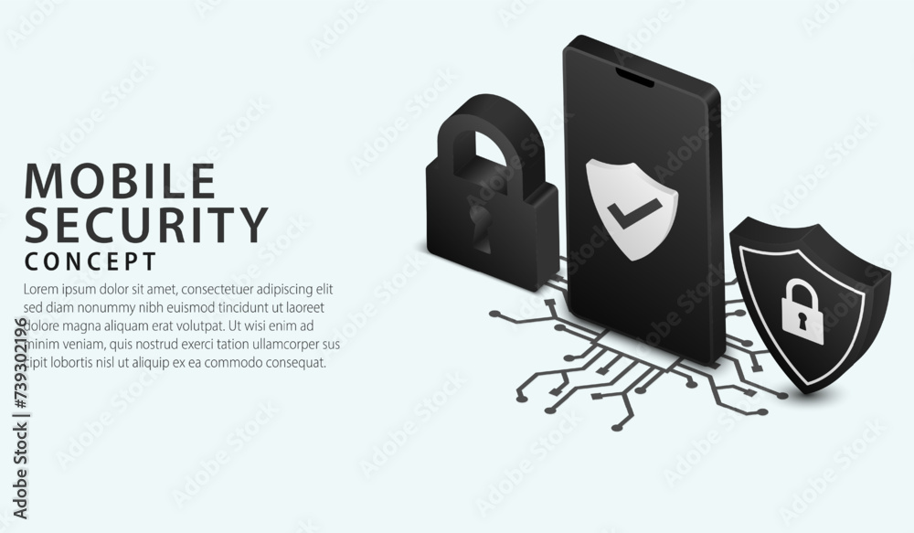Aufkleber isometric smartphone security technology. online protection system concept with phone and lock. data