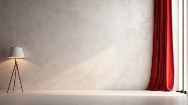 Minimalist empty white concrete wall with red curtains with adequate lighting, mock up template from Generative AI