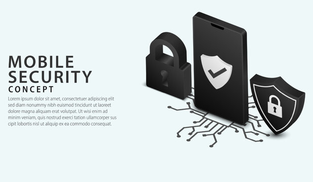 Isometric smartphone security technology. Online Protection system concept with phone and lock. Data privacy secure. VPN protect banner and Safety internet technology. 3D Vector illustration.