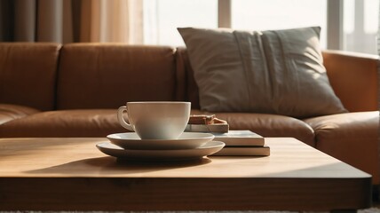 Fototapeta na wymiar Minimalist living room with wooden coffee table near sofa close-up, light orange theme colors, morning with sunlight rays from Generative AI
