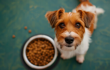 An attentive Jack Russell Terrier looks up expectantly, waiting to eat from a full bowl of dog food on green background