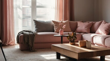 Minimalist living room with wooden coffee table near sofa close-up, light pink theme colors, morning with sunlight rays from Generative AI